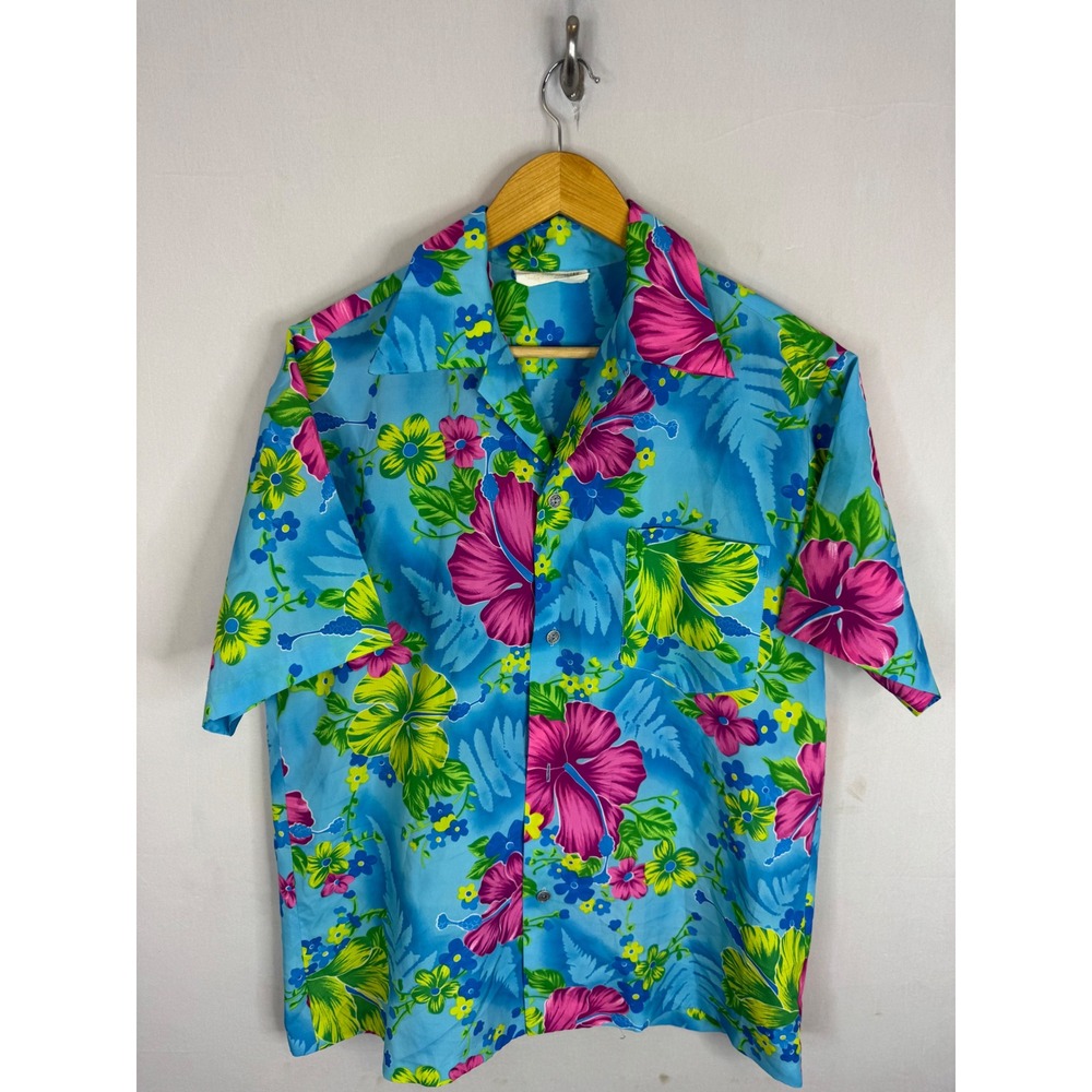 Vintage Royal Hawaiian 70s Mens XL Blue Pink Floral Hibiscus Button Shirt Hawaii